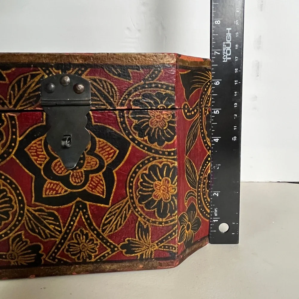 Vintage Hand Painted Wooden Octagonal Jewelry Box Red Black Gold Floral Folk Art
